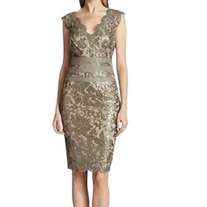 Tadashi Shoji Metallic Embellished Lace Sheath Dress in Smoke Platinum – Size 4